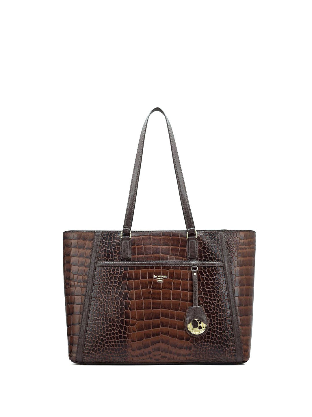 

Da Milano Geometric Leather Oversized Structured Shoulder Bag with Cut Work, Brown