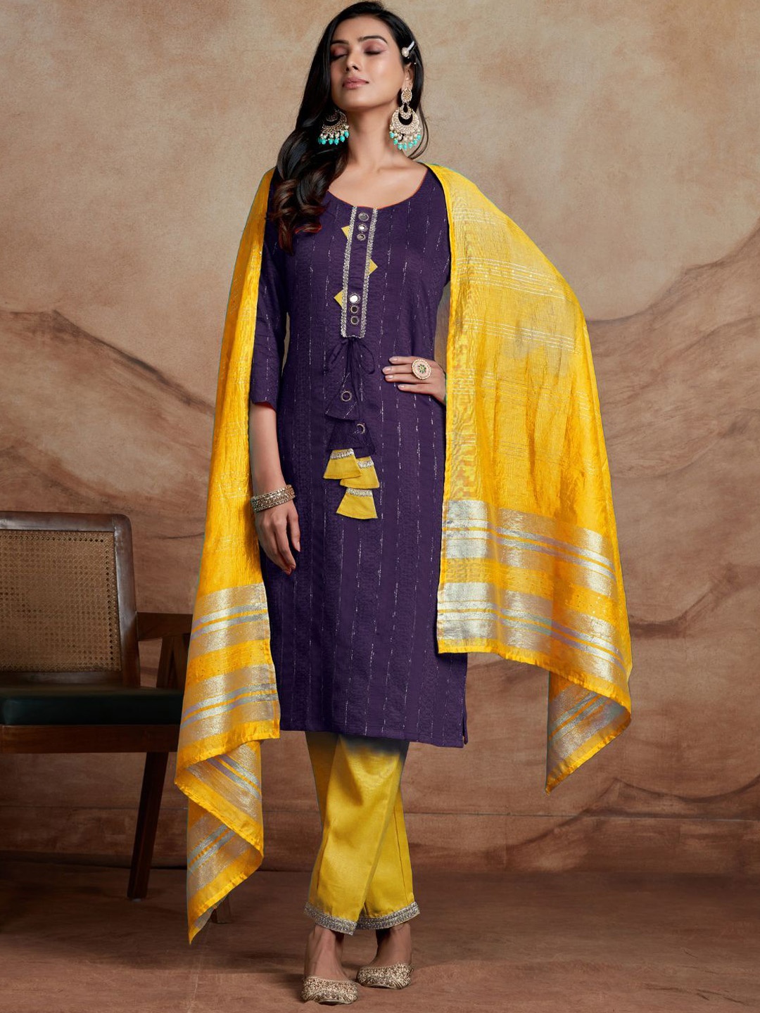 

KALINI Striped Mirror Work Chanderi Silk Straight Kurta with Trousers & Dupatta, Purple