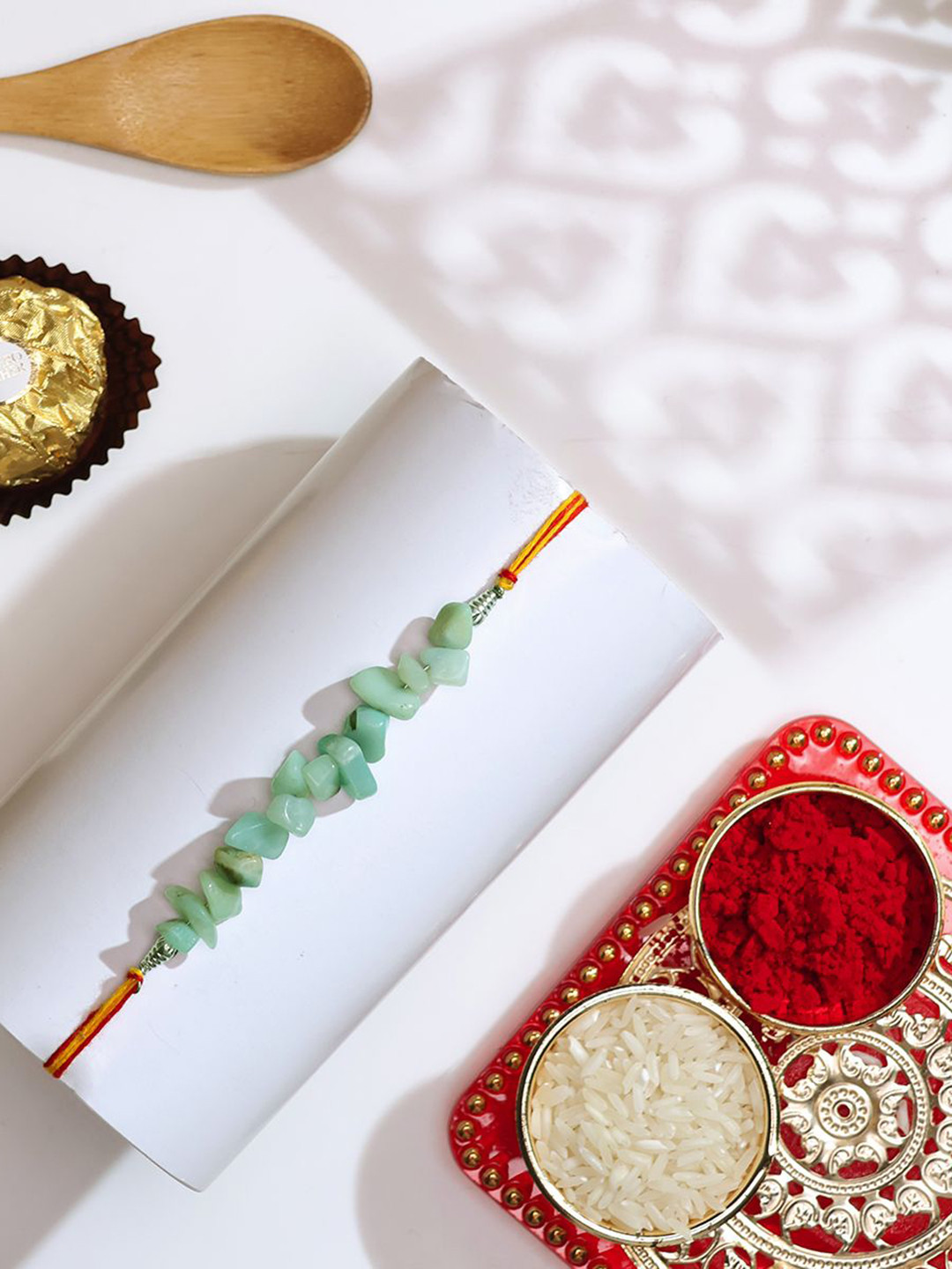 

Shubhanjali Set Of 2 Amazonite Chips Thread Rakhi With Roli Chawal, Green
