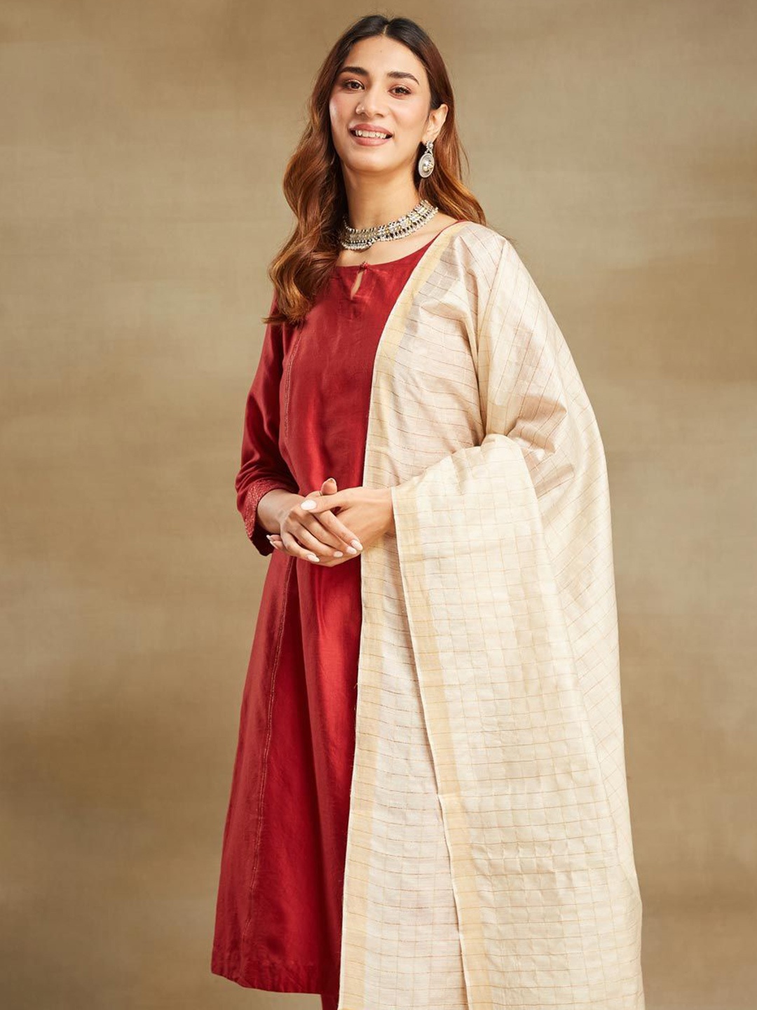 

Fabindia Checked Woven Design Dupatta with Zari, Off white