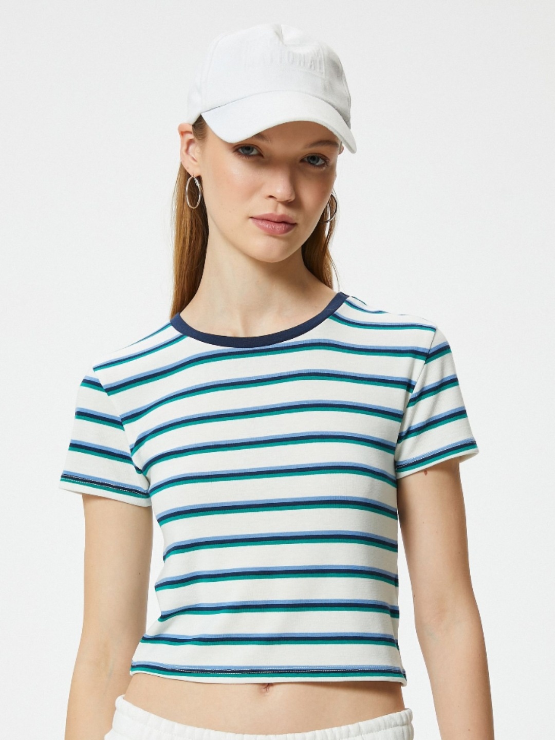 

Koton Women Striped Round Neck Slim Fit T-Shirt, Off white