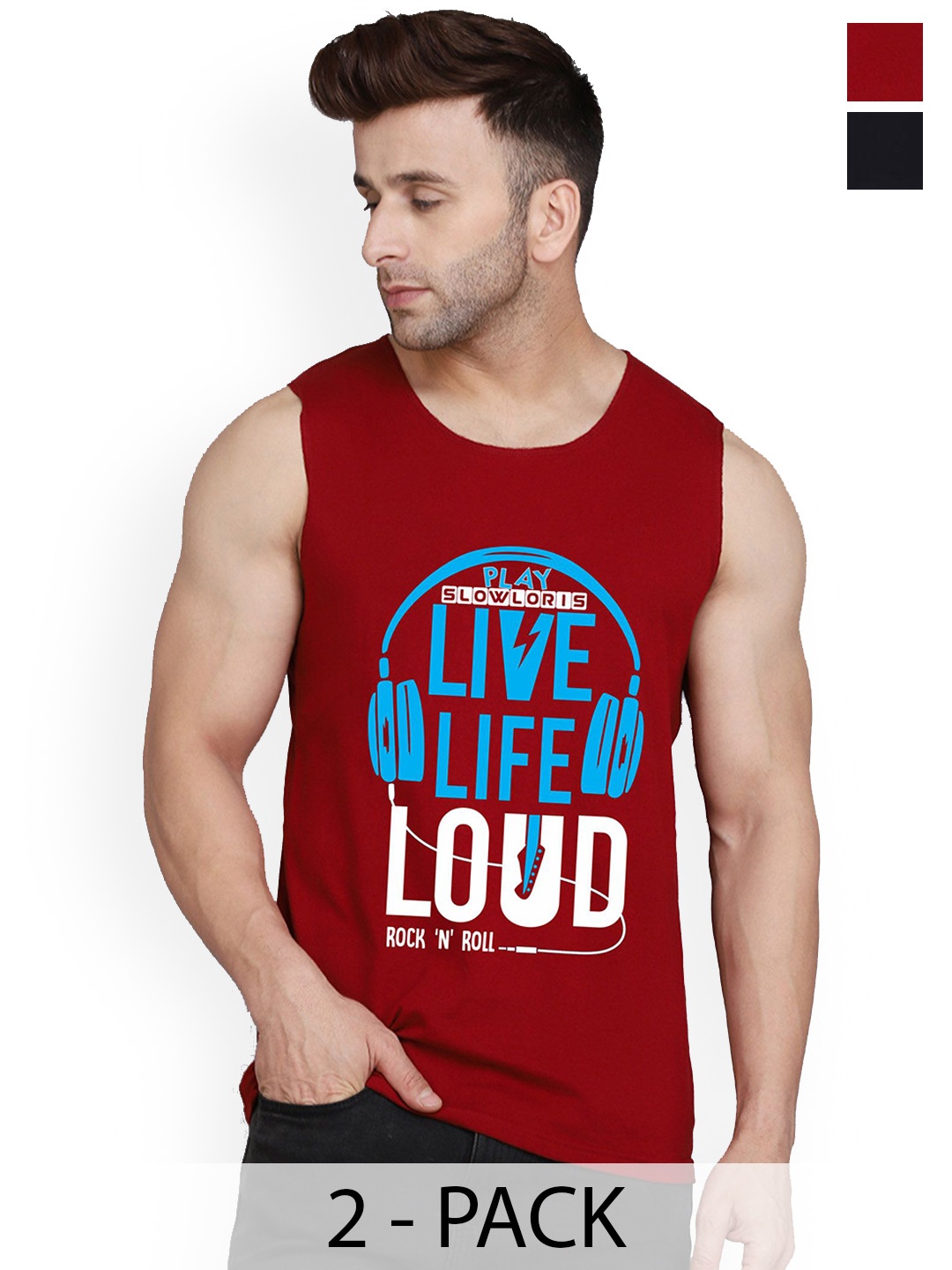 

SLOWLORIS Pack Of 2 Printed Gym Innerwear Vests SL26 COMBO (LOUD MAROON) (NVR BLACK)