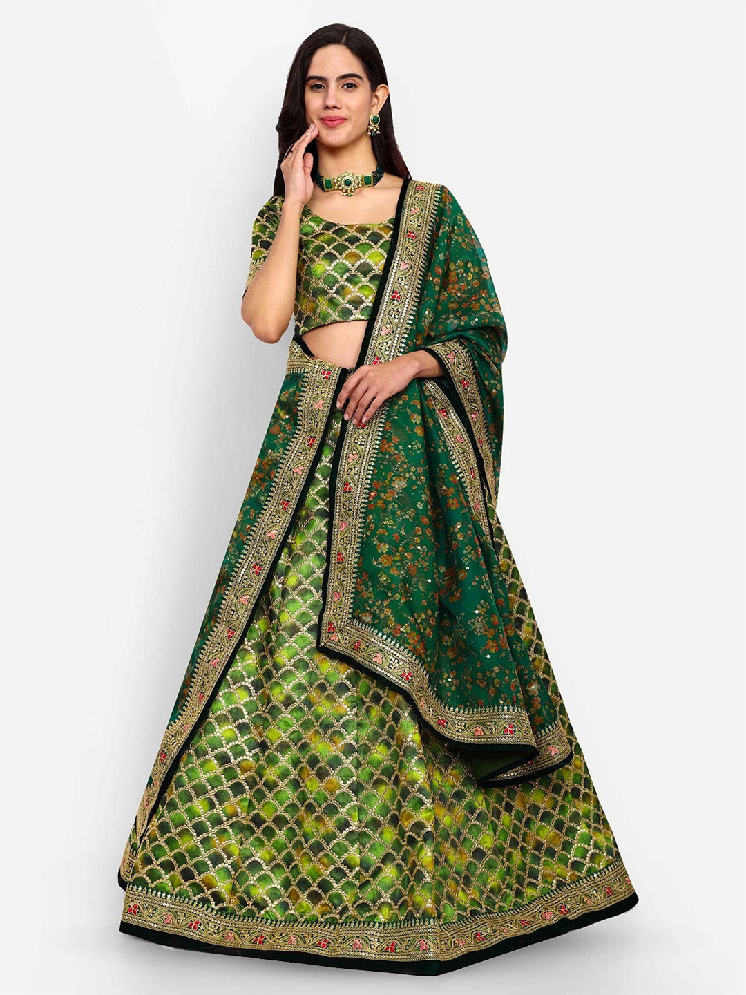 

FABPIXEL Floral Embroidered Zari Semi-Stitched Lehenga & Unstitched Blouse With Dupatta, Green