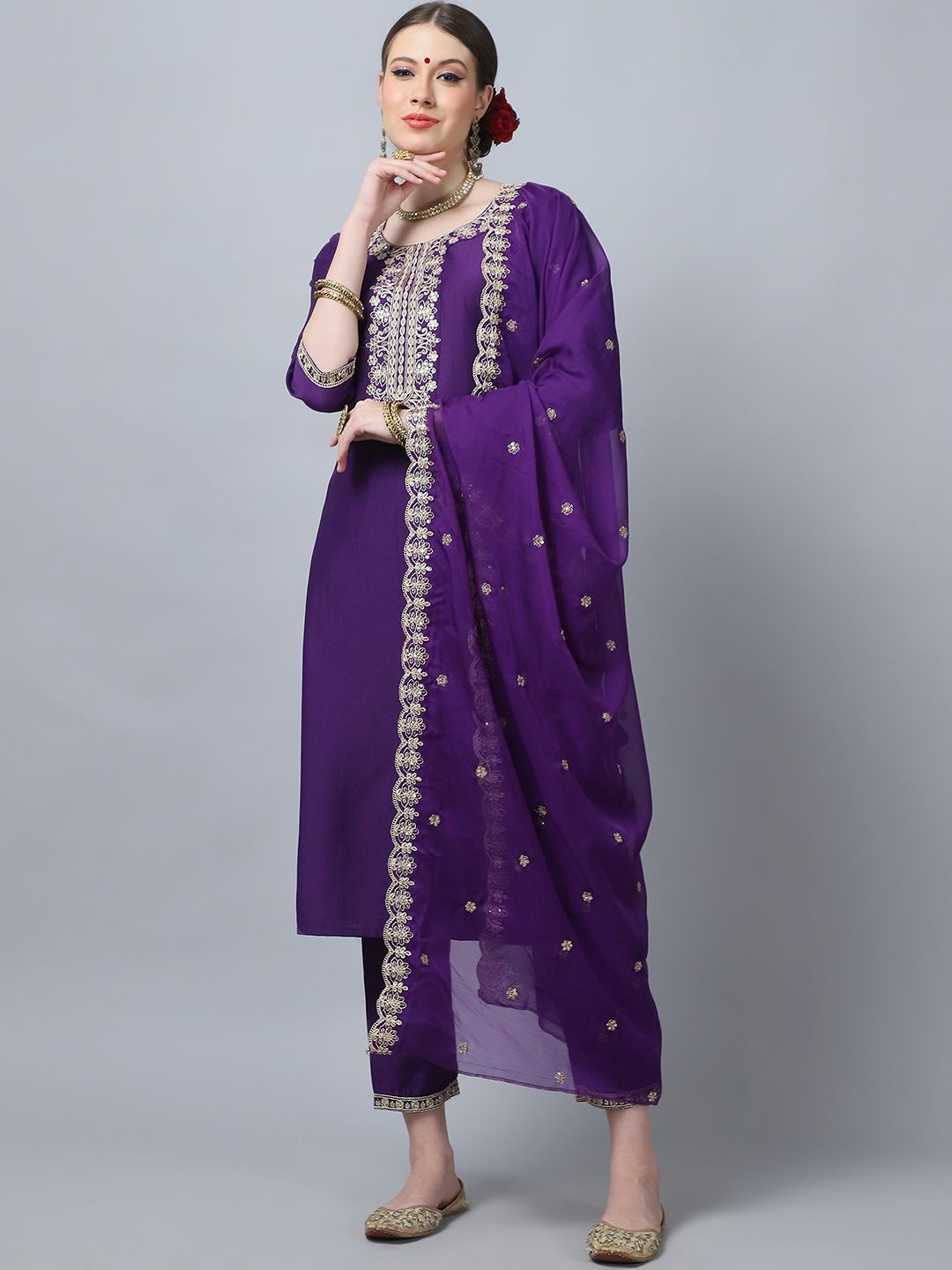 

KALINI Floral Embroidered Thread Work Pure Silk Kurta with Trousers & Dupatta, Purple