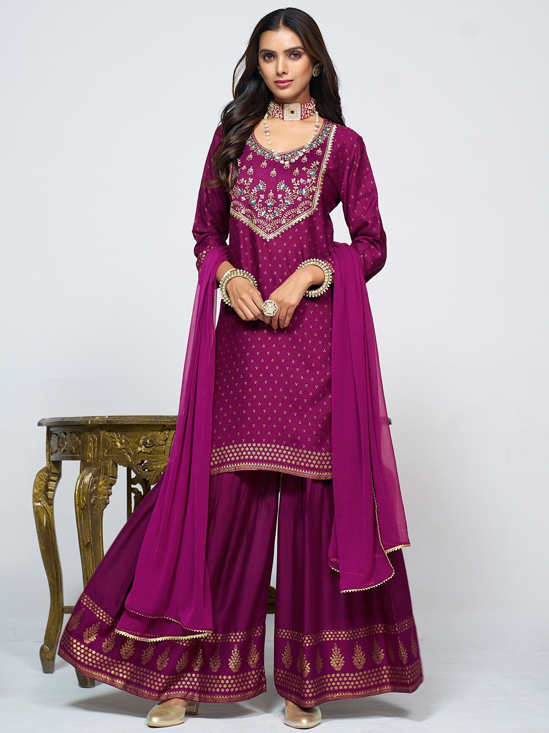 

Sangria Embroidered Round Neck Straight Kurta & Sharara With Dupatta, Magenta