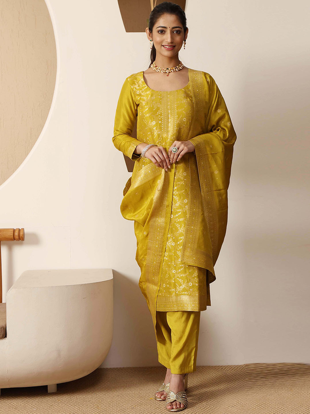 

Meena Bazaar Floral Woven Design Zari Art Silk Unstitched Dress Material, Mustard