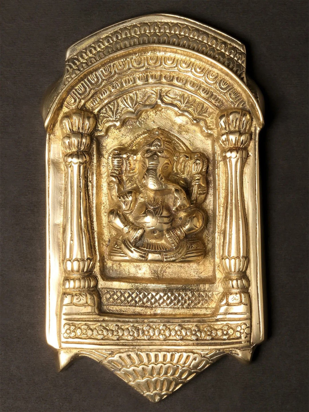 

Exotic India 8" Brass Ganesha Inside Rajasthani Jharokha - Wall Hanging, Gold