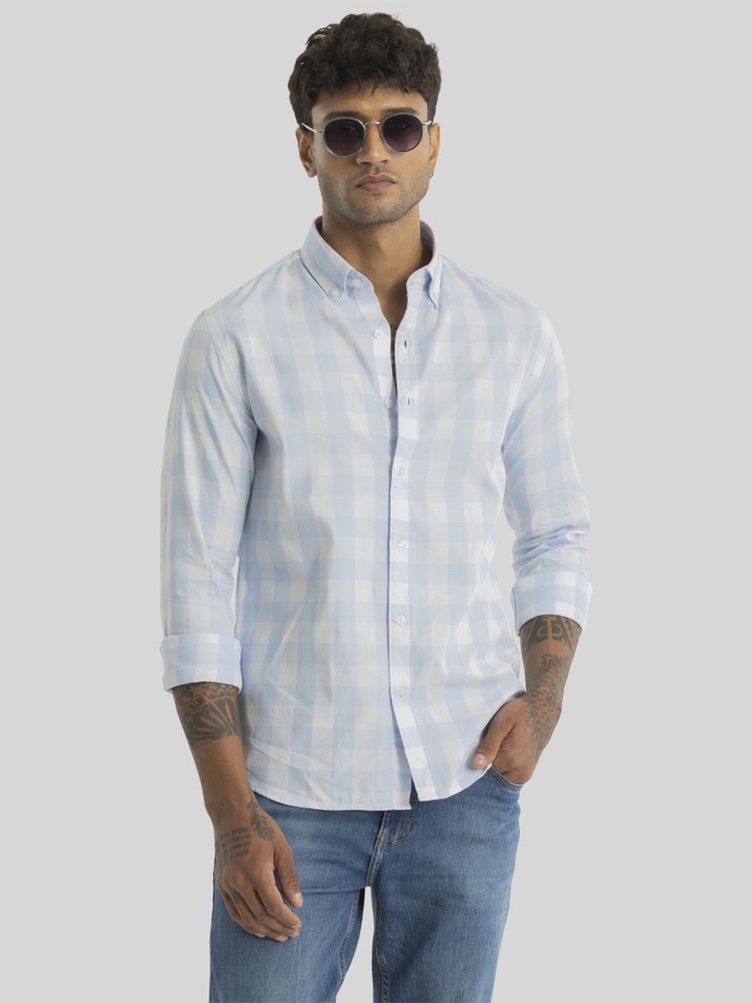 

Snitch Men Smart Slim Fit Checked Button-Down Collar Casual Shirt, Blue