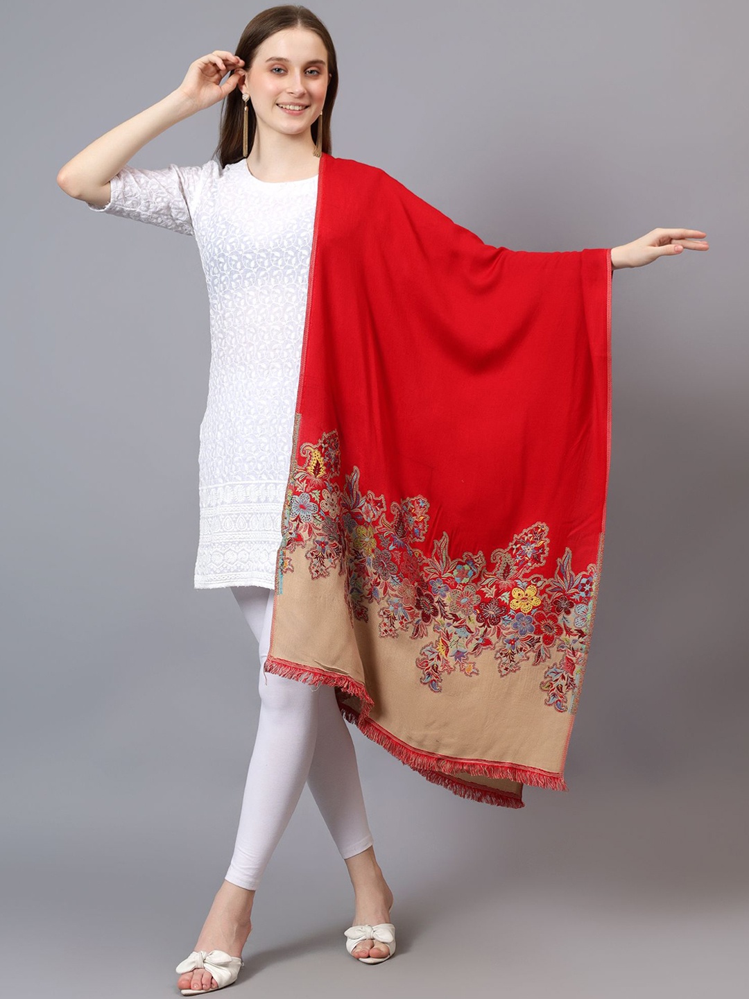 

Mizash Ethnic Motifs Printed Pure Woollen Shawl, Red