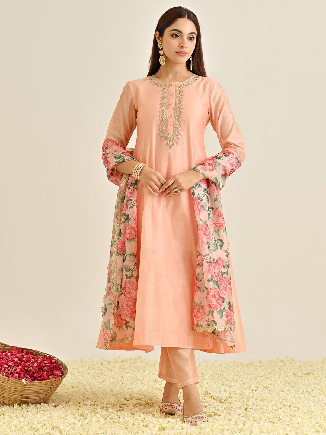 

Rustorange Floral Yoke Design Regular Thread Work Kurta with Salwar & Dupatta, Peach