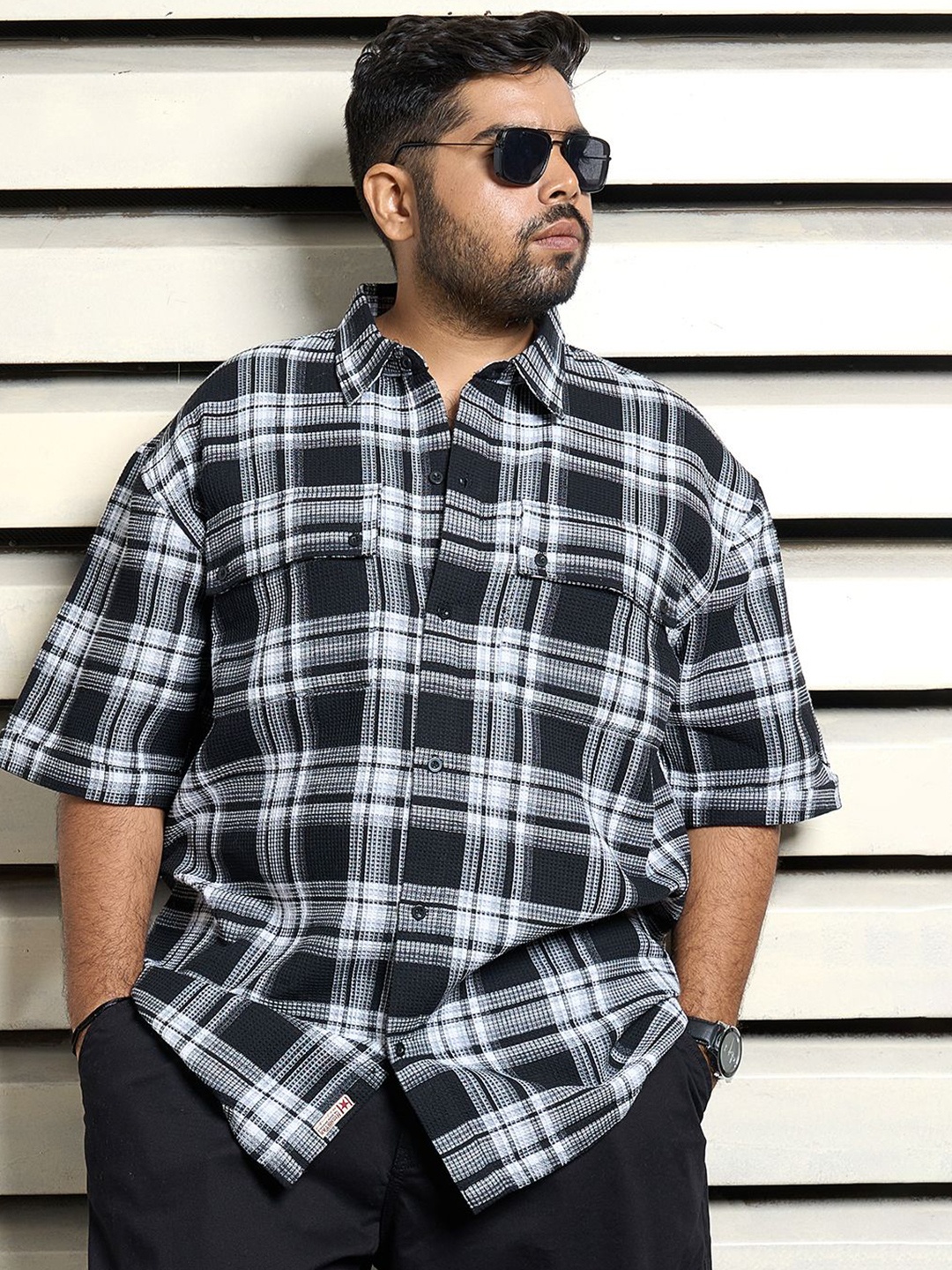 

Freeform by High Star Men Standard Spread Collar Checked Cotton Plus Size Casual Shirt, Black
