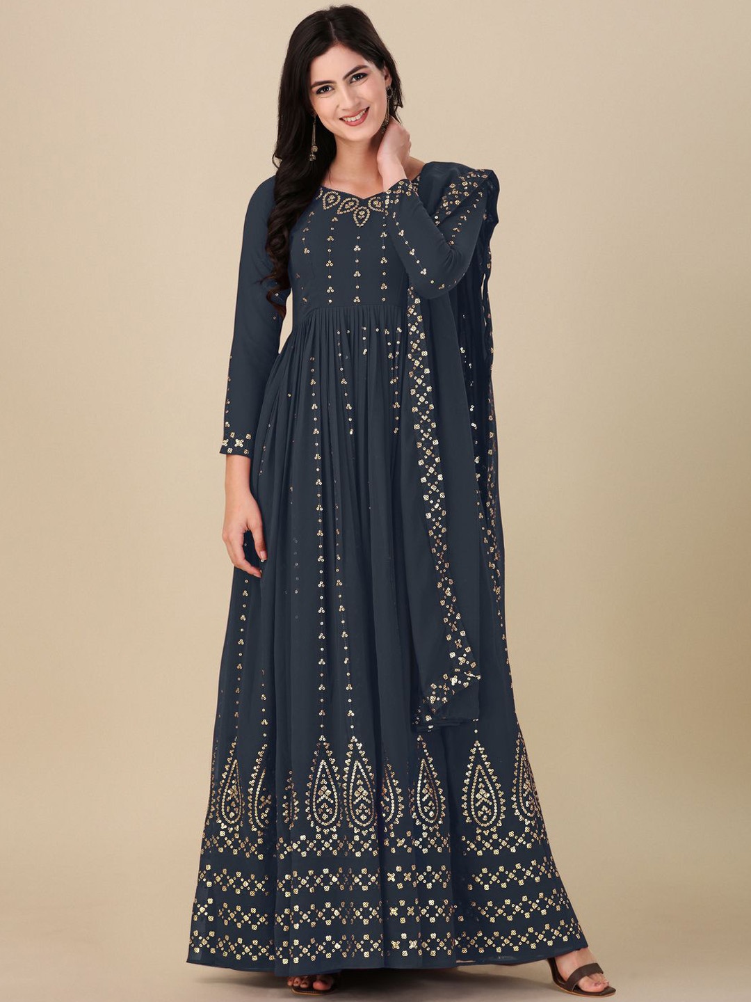 

Fashion Basket Embroidered Sequinned Semi-Stitched Dress Material, Grey