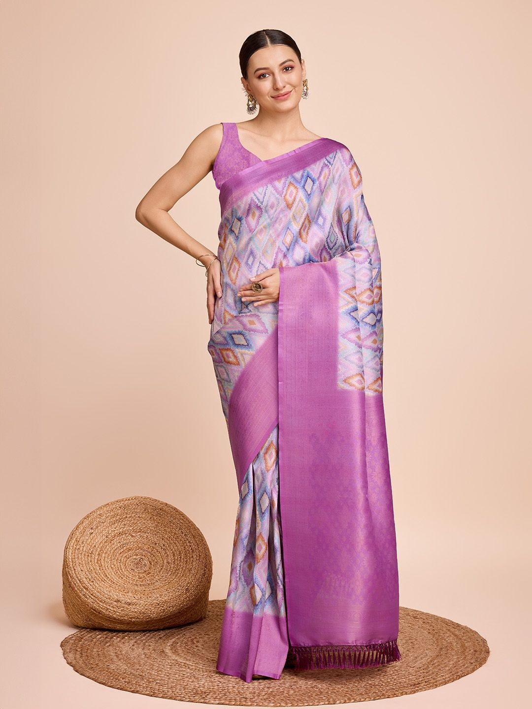 

Upalksh Printed Ethnic Motifs Zari Pure Silk Kanjeevaram Saree, Purple