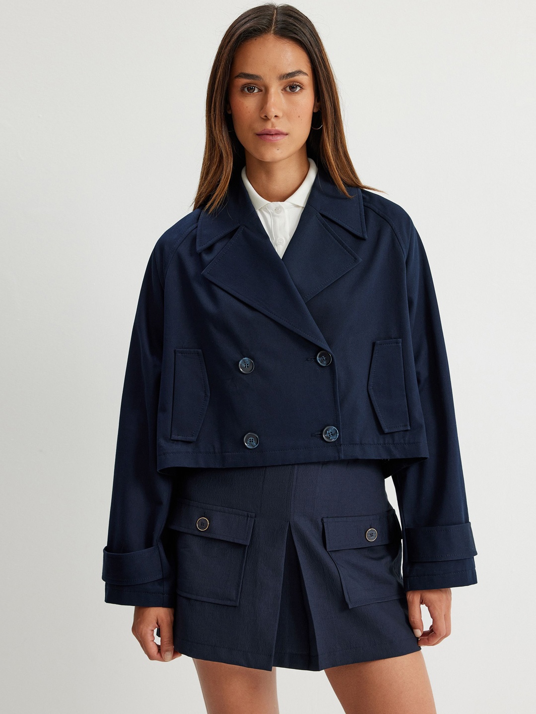 

Koton Women Solid Crop Tailored Jacket, Navy blue