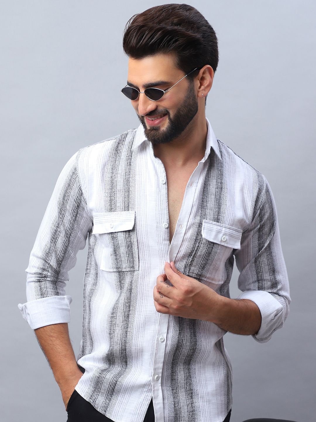 

Indian Needle Men Classic Vertical Striped Cotton Casual Shirt, White