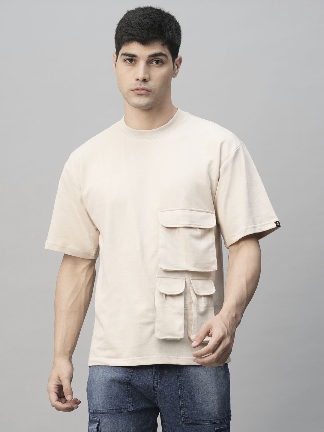 

PRONK Men Solid Round Neck Cotton Oversized T-Shirt, Beige