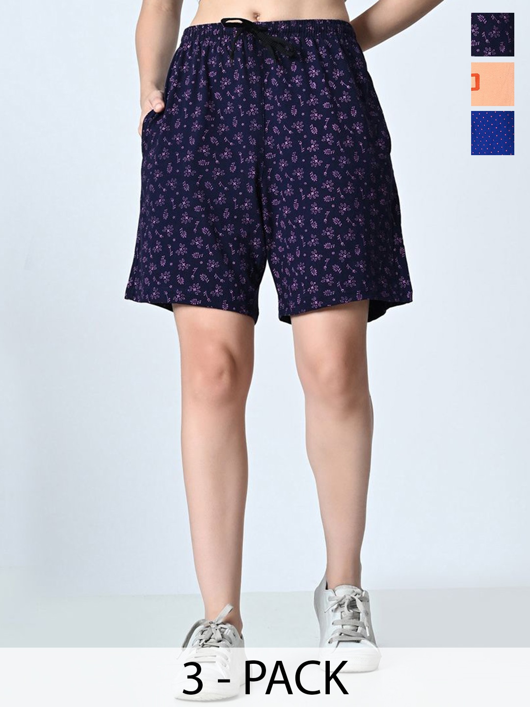 

BAESD Women Pack of 3 Cotton Printed High-Rise Shorts, Navy blue