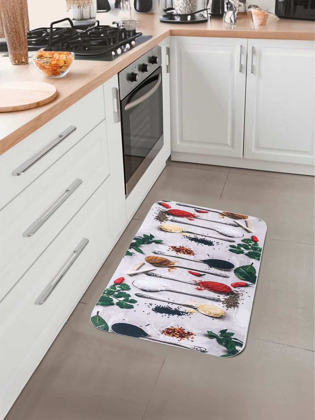 

Kuber Industries White & Green 6 Pieces Printed Anti Skid Kitchen Mats