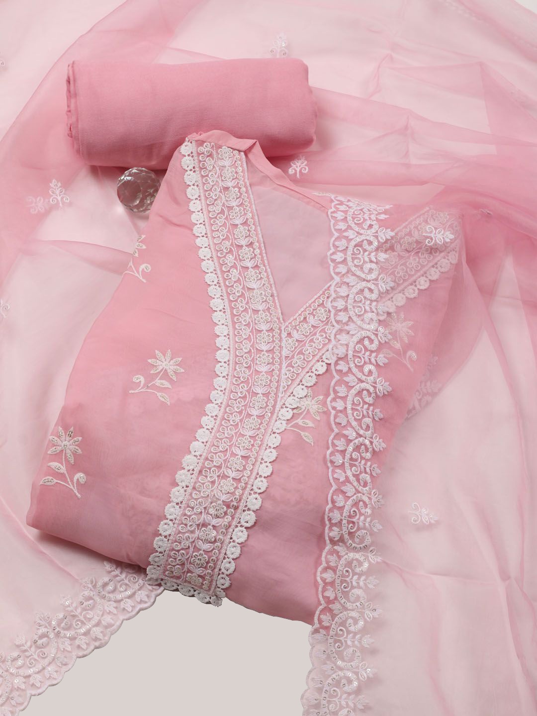 

Meena Bazaar Floral Embroidered Organza Unstitched Dress Material, Pink