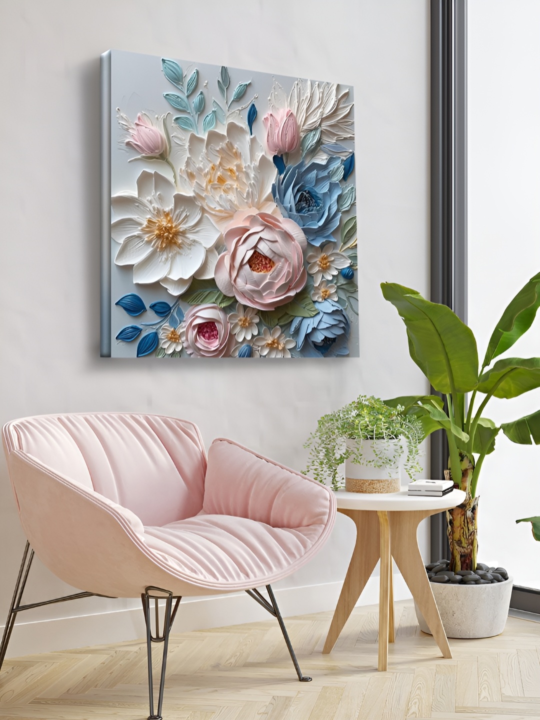 

OLIVE TREE White & Pink Floral Wooden Framed Canvas Painting Wall Art