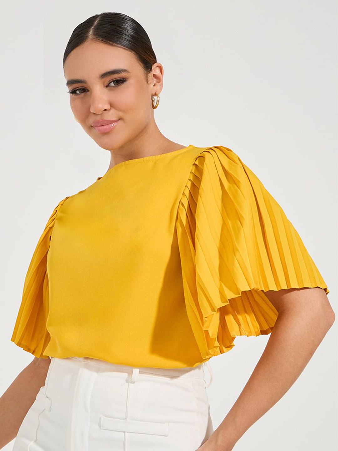 

Styli Women Solid Accordion Pleats Boat Neck Top, Yellow