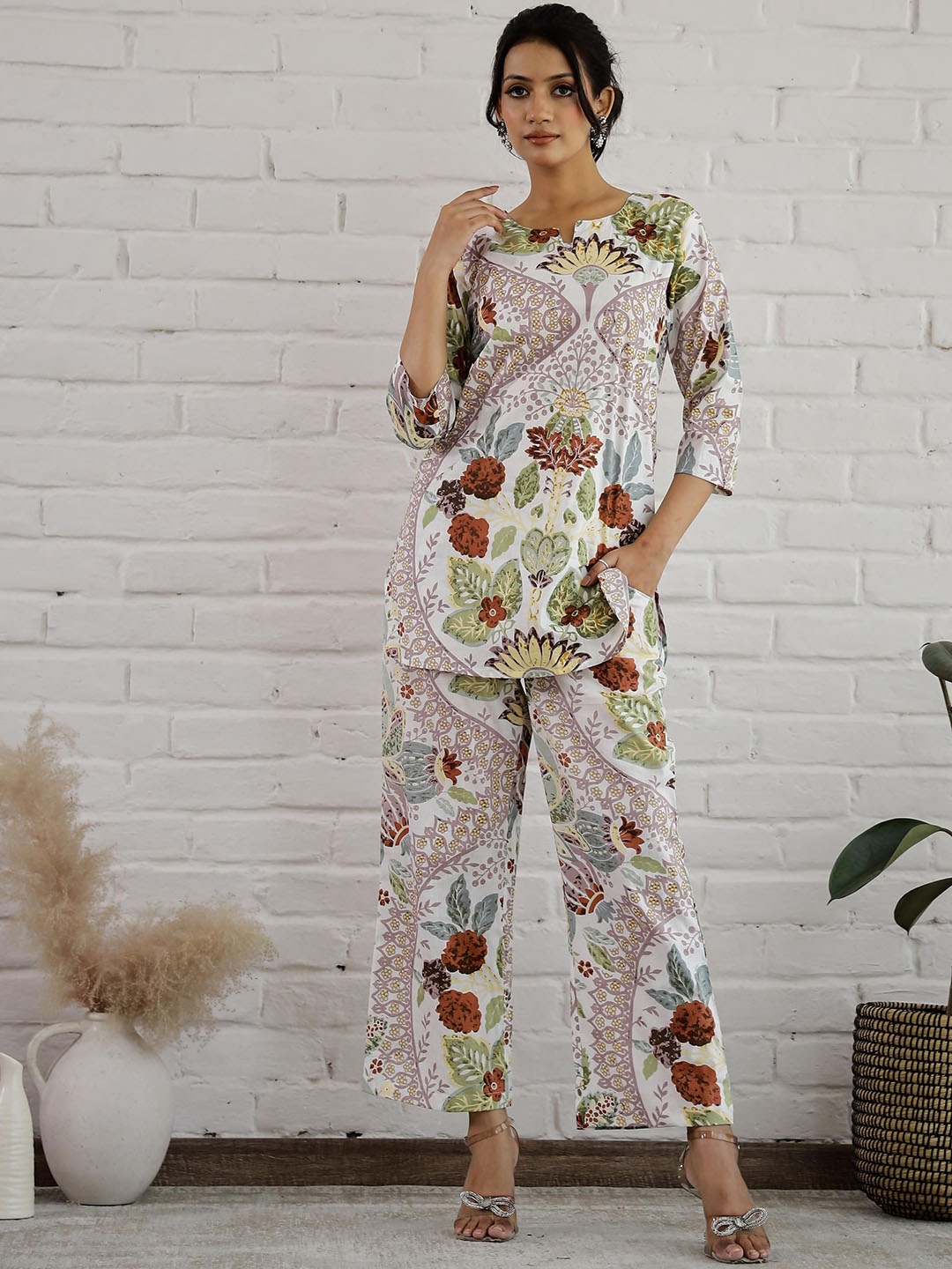 

FLAVIA CREATION Printed Pure Cotton Shirt With Trouser, White