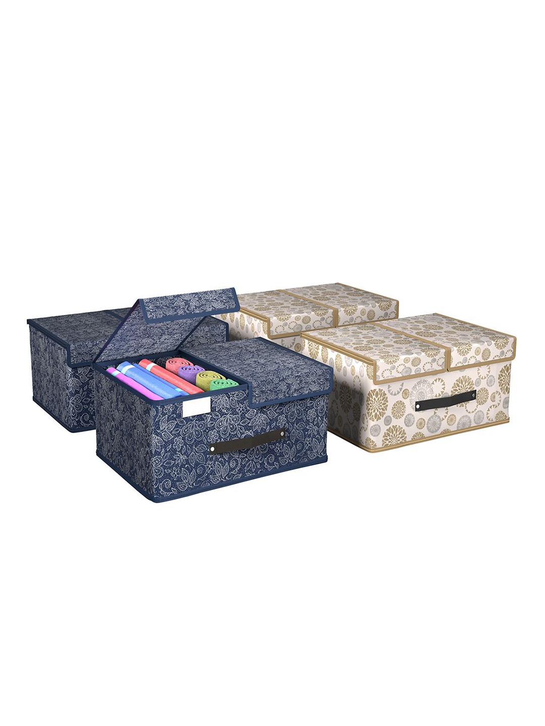 

Kuber Industries Navy Blue & White 4 Pieces Foldable Double Lid Multi-Utility Organisers