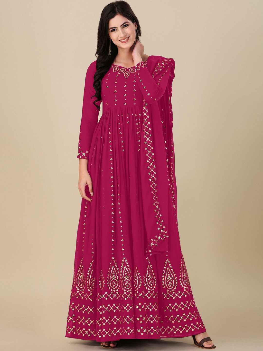 

Fashion Basket Sequinned Embroidered Semi-Stitched Dress Material, Pink