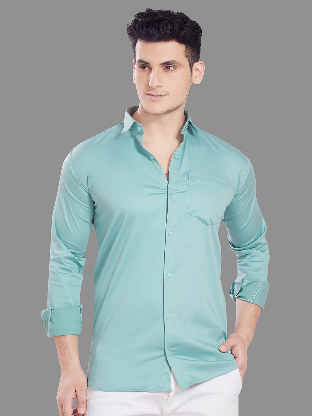 

DIVISIVE Men Spread Collar Solid Polycotton Slim Fit Casual Shirt, Sea green