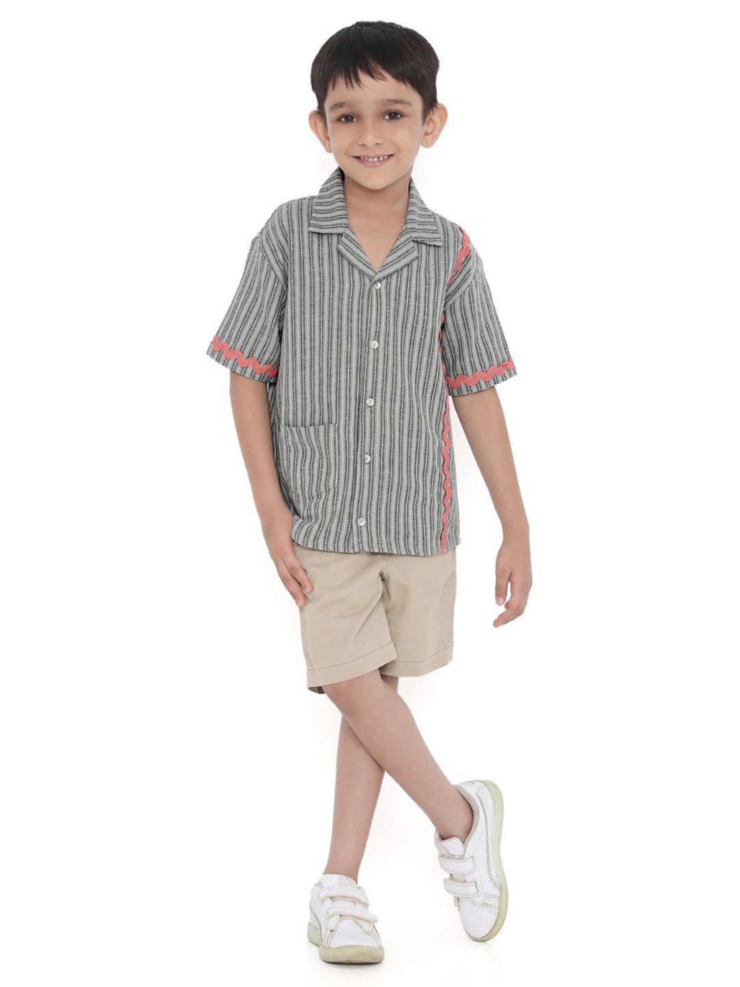 

Miko Lolo Boys Classic Striped Cuban Collar Casual Shirt, Green