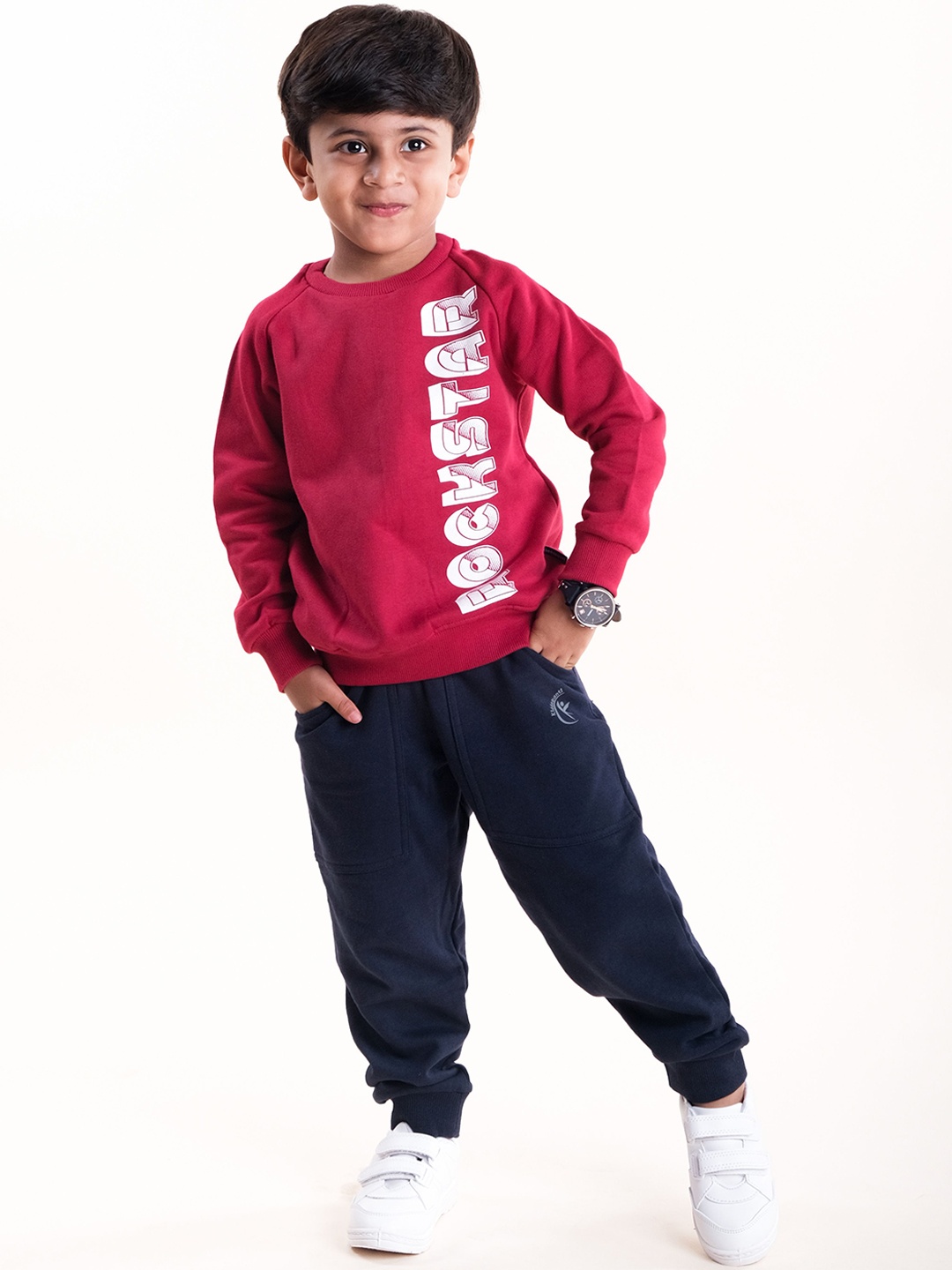 

KiddoPanti Boys Printed Round Neck Sweatshirt With Joggers, Burgundy