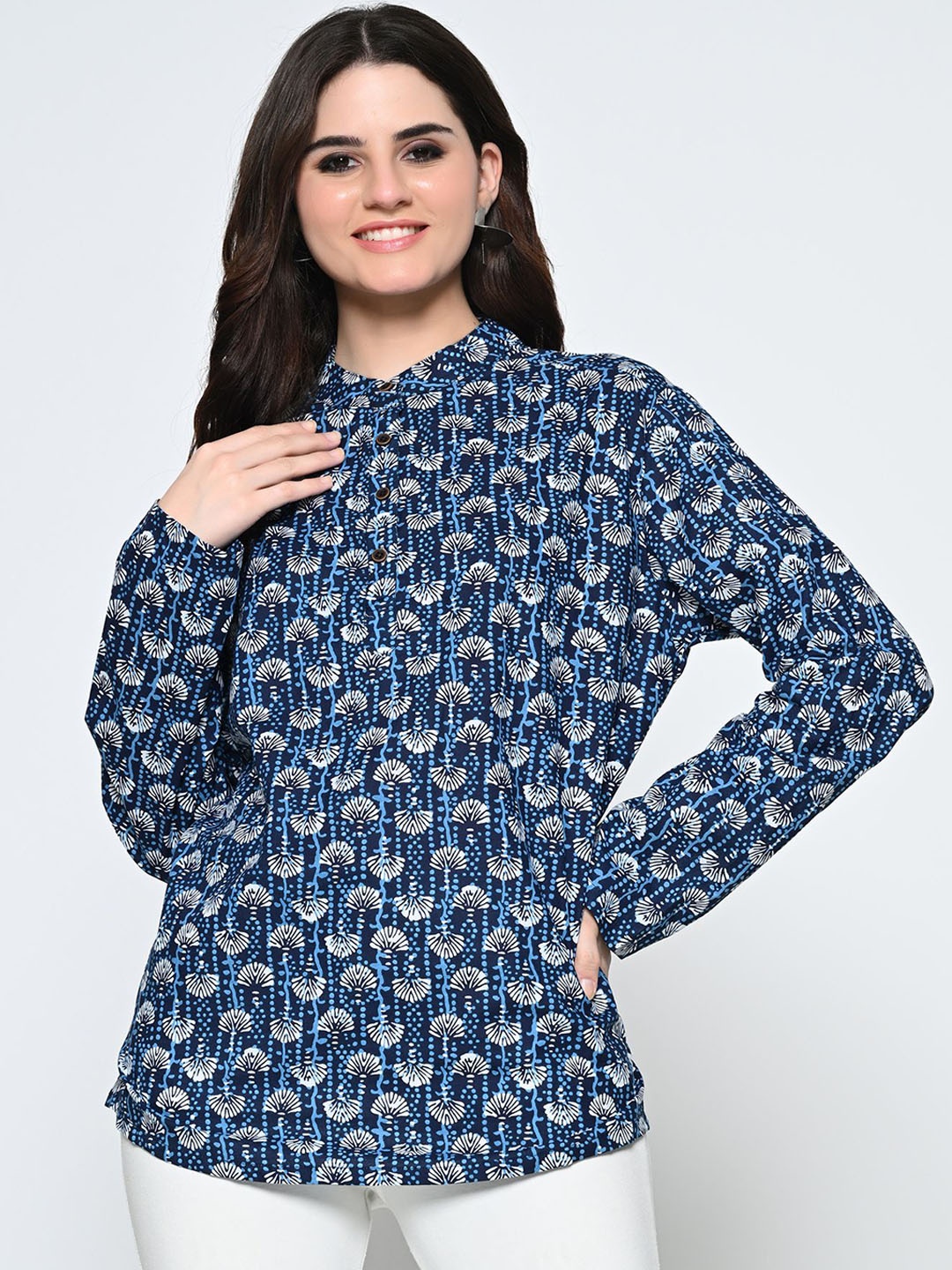 

BAESD Floral Printed Band Collar Pure Cotton Short Kurta, Blue