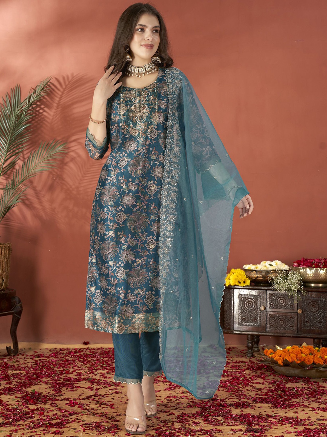 

Anouk Teal Floral Embroidered Sequinned Organza Straight Kurta With Trouser & Dupatta