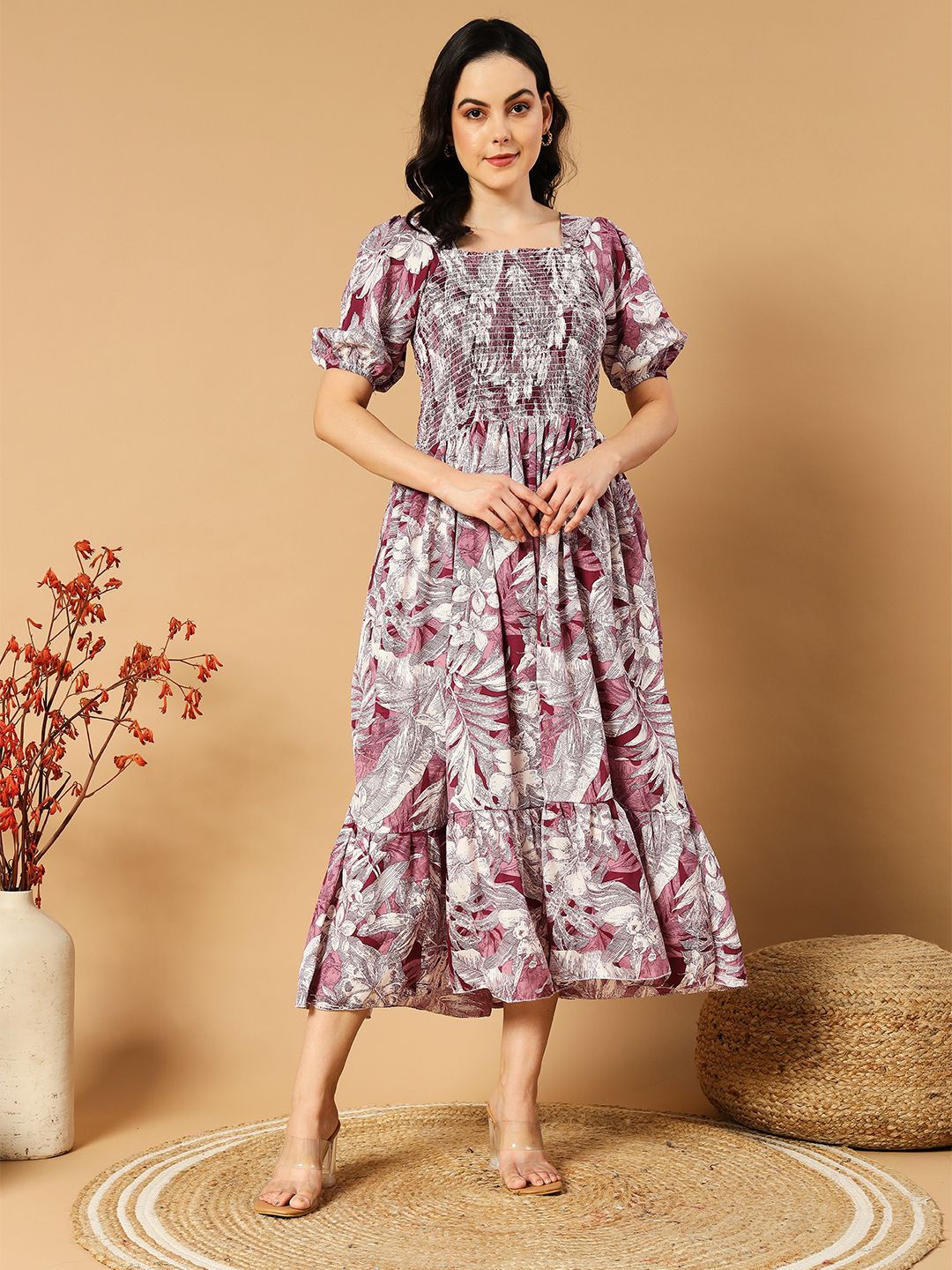 

DEKLOOK Floral Print Crepe Fit & Flare Midi Dress, Purple