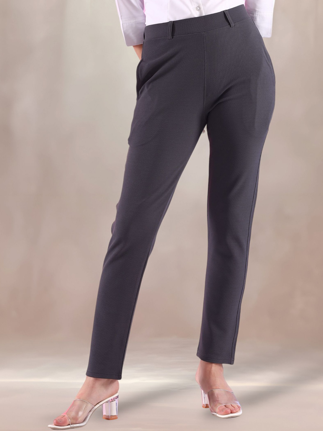 

FITHUB Women Slim Fit High-Rise Formal Trousers, Grey