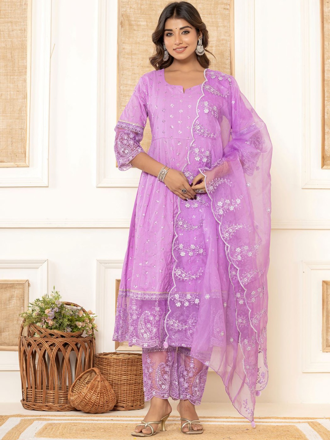 

VASVI Floral Embroidered Sequinned Pure Cotton Anarkali Kurta With Trousers & Dupatta, Purple