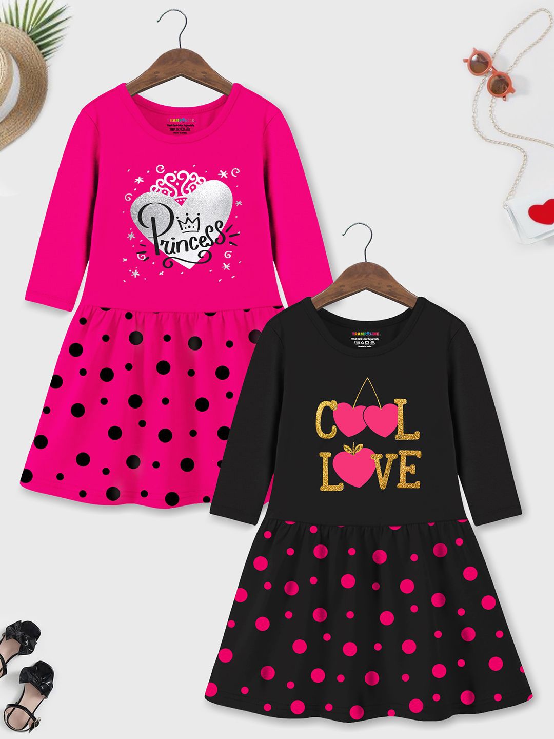

YK X Trampoline Pack Of 2 Girls Polka Dot Printed Cotton Fit & Flare Dress, Black