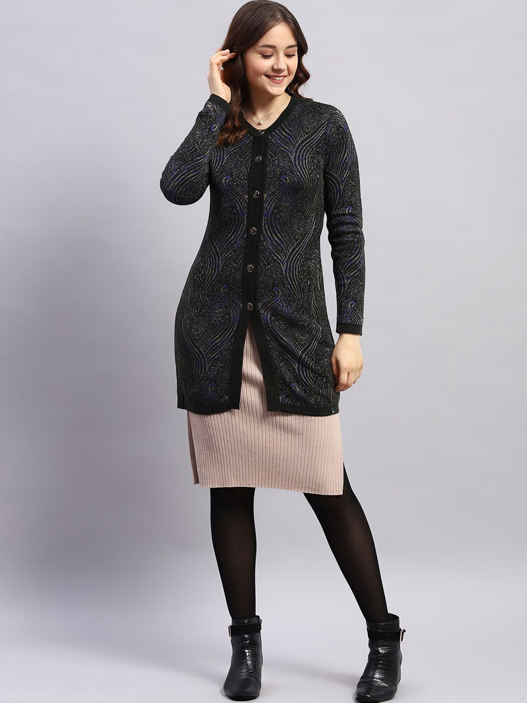 

Monte Carlo Women Woollen Longline Cardigan, Black