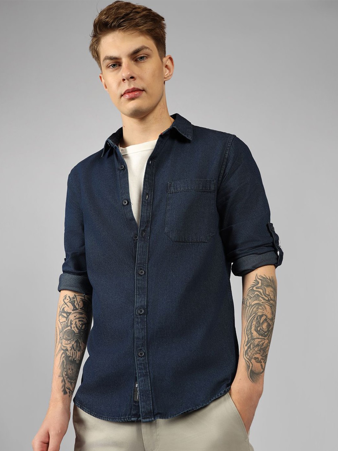 

Dennis Lingo Men Spread Collar Solid Roll-Up Sleeves Pure Cotton Casual Shirt, Blue