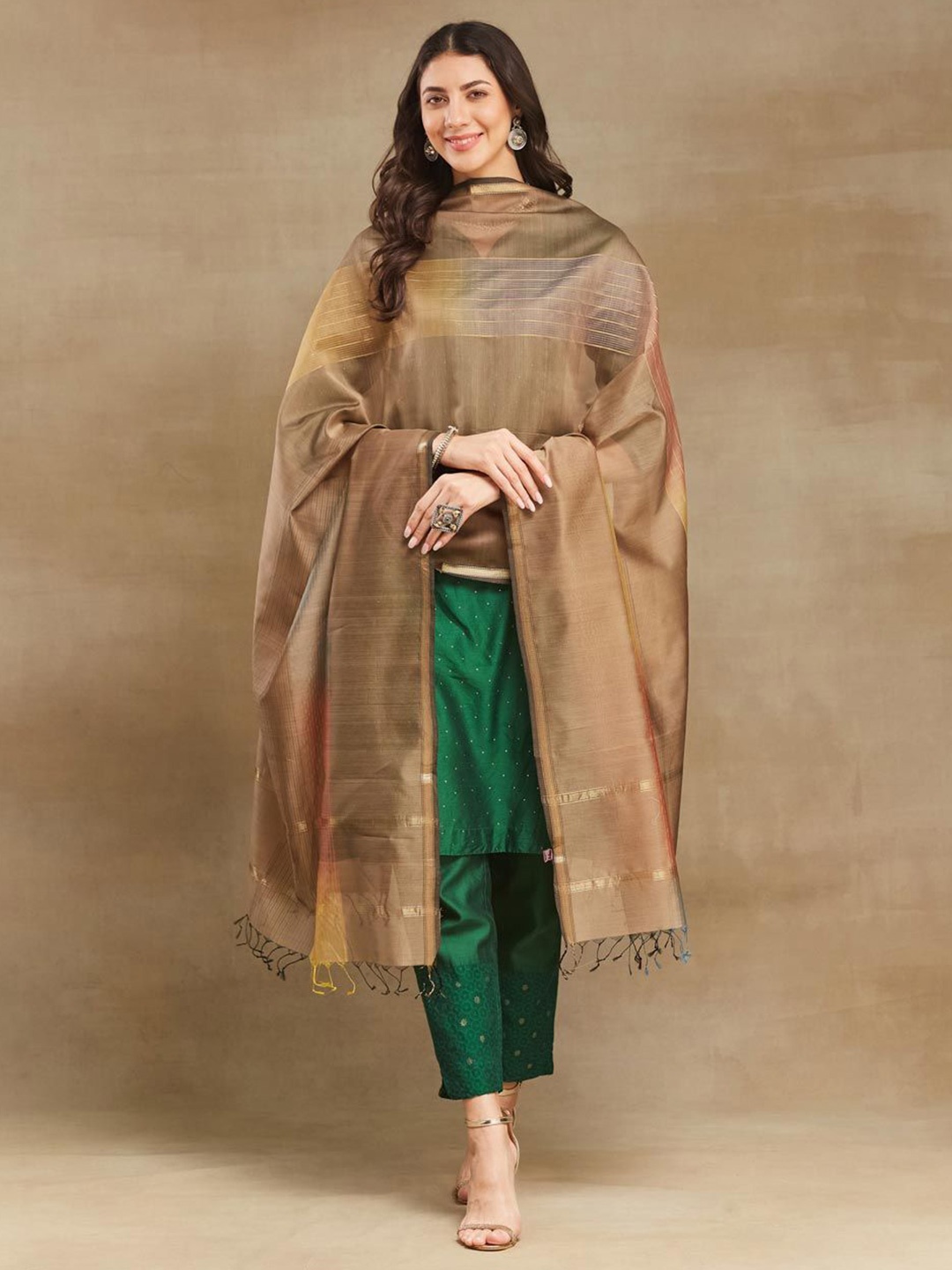 

Fabindia Woven Design Cotton Silk Dupatta with Zari, Beige