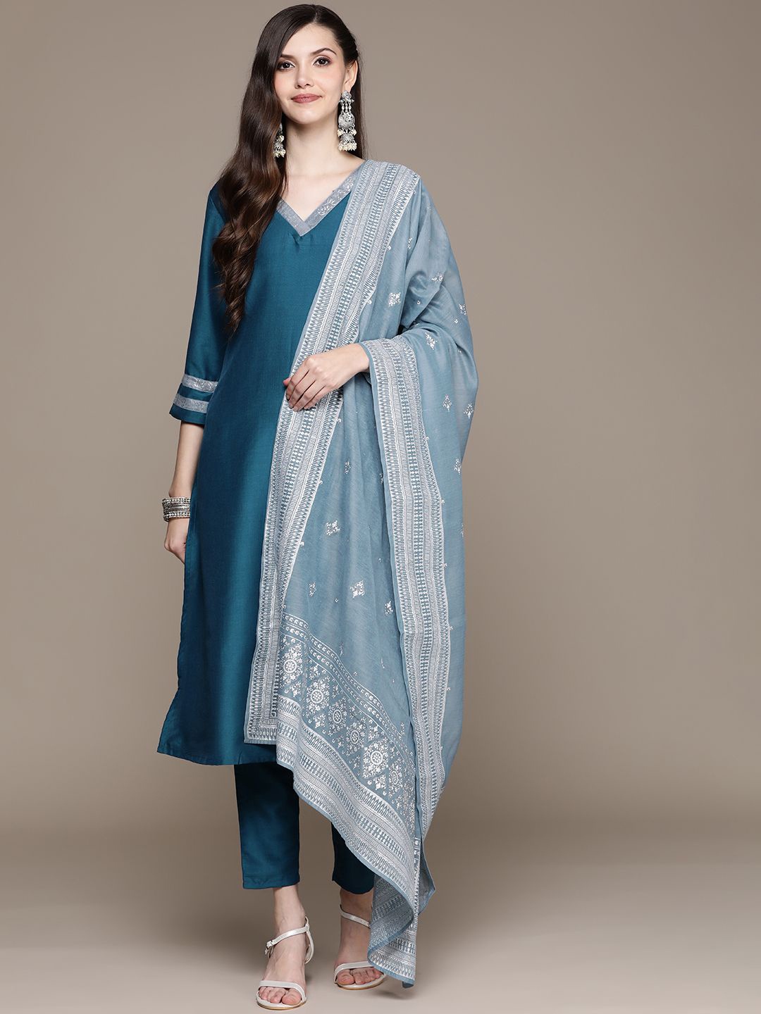 

ZIYAA Teal Blue Floral Yoke Design Foil Printed Regular Kurta With Trousers & Dupatta