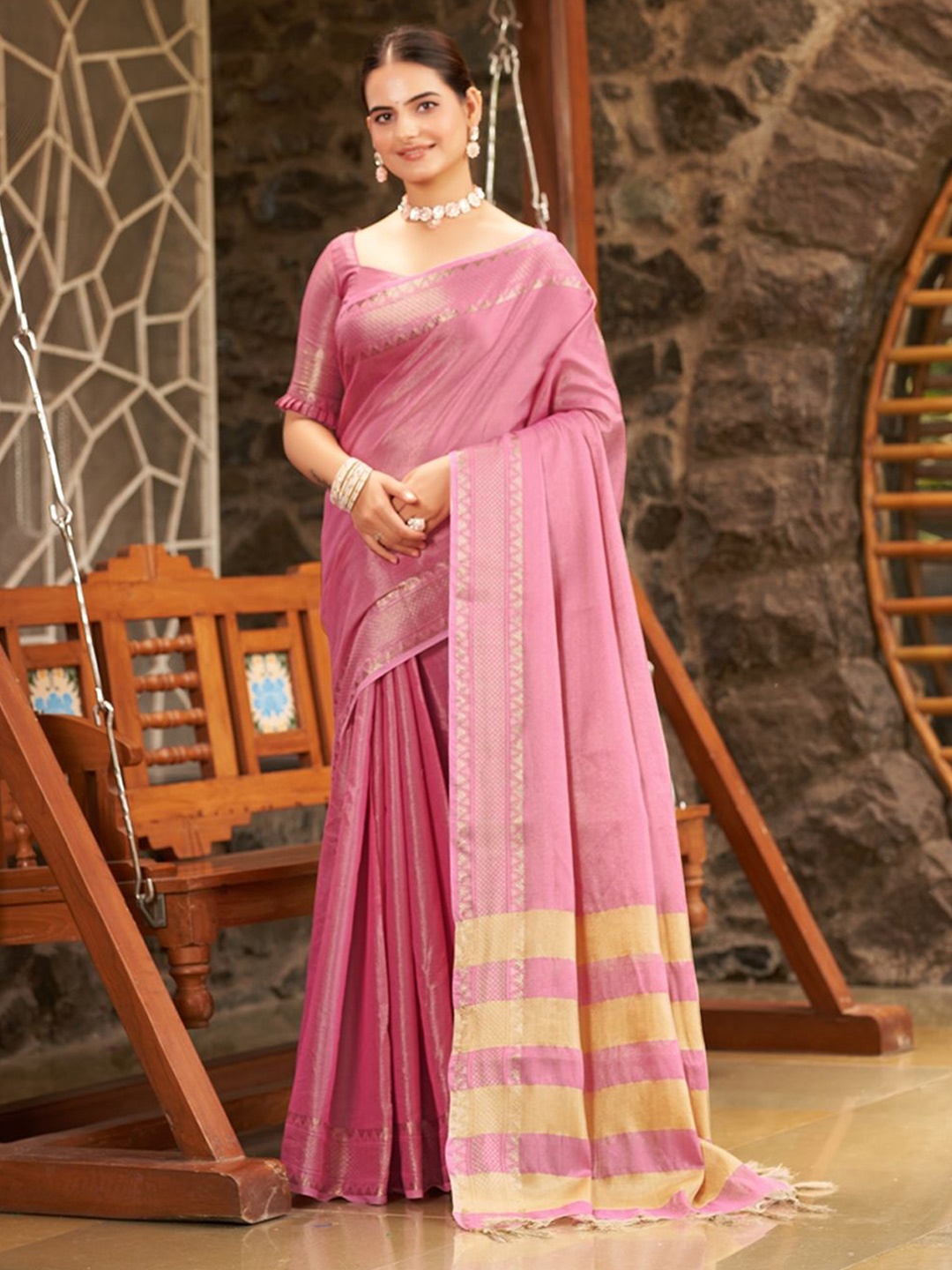 

SGF11 Pure Zari Heavy Work Tissue Silk Saree, Pink
