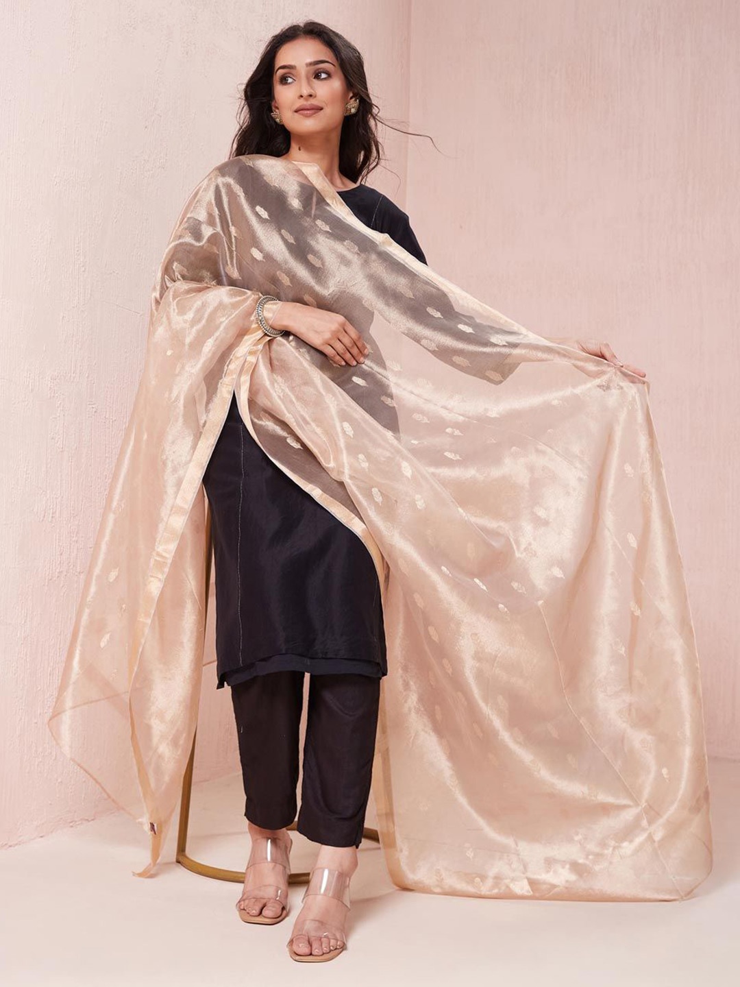 

Fabindia Ethnic Motifs Woven Design Dupatta with Zari, Gold
