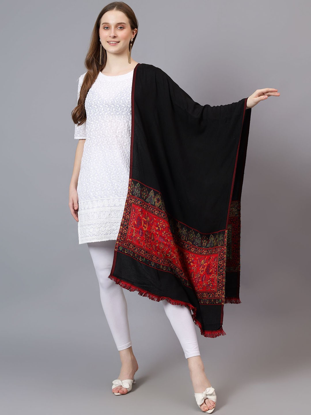 

Mizash Floral Woven Design Woollen Shawl, Black