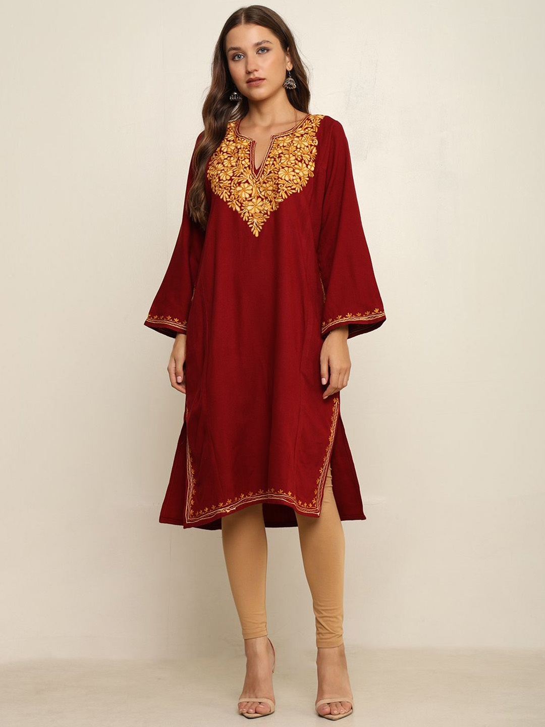 

CRAFTBAZAR Floral Embroidered Thread Work A-Line Kurta, Maroon