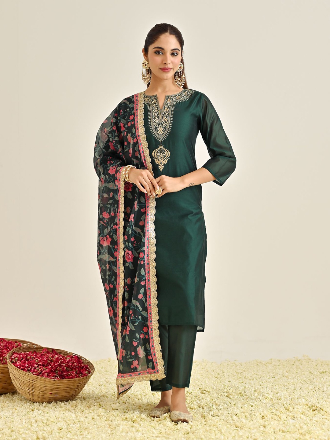

Rustorange Ethnic Motifs Yoke Design Thread Work Straight Kurta With Trousers & Dupatta, Green