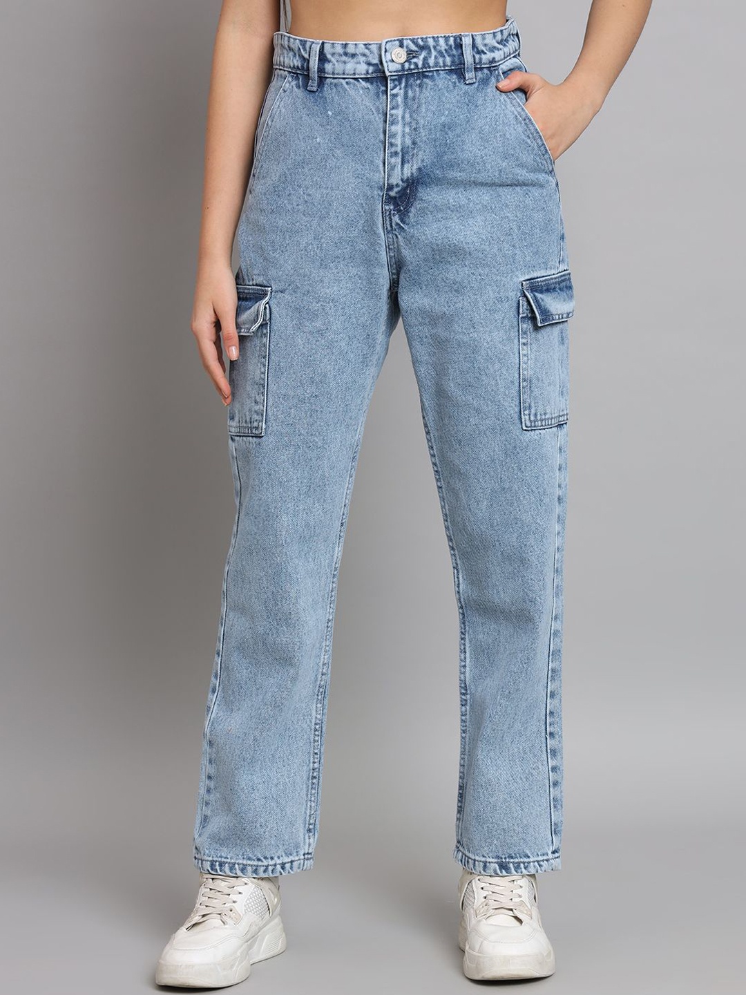 

Zaahii Women Straight Fit High-Rise Heavy Fade Cargo Jeans, Blue