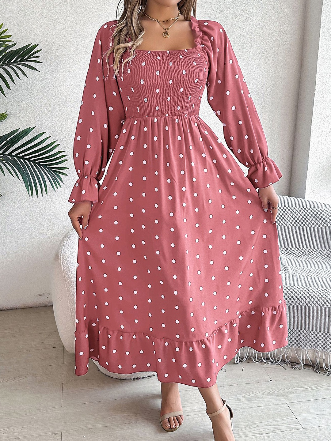 

StyleCast x Revolte Polka Dot Puff Sleeve Midi Dress, Pink