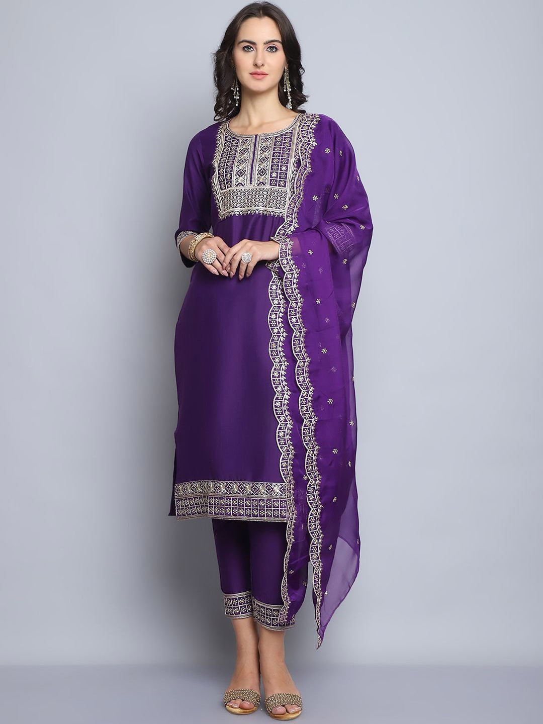 

KALINI Ethnic Motifs Yoke Design Pure Silk Straight Kurta with Trousers & Dupatta, Purple