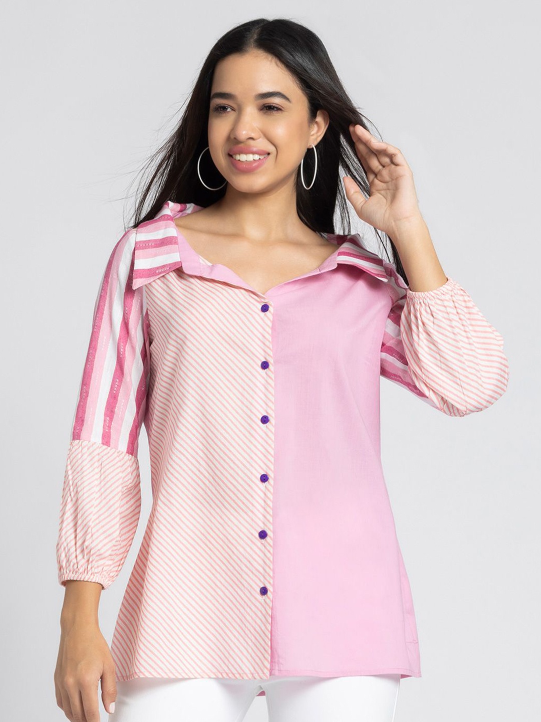 

SHAYE Women Striped Shirt Collar Kurti, Pink